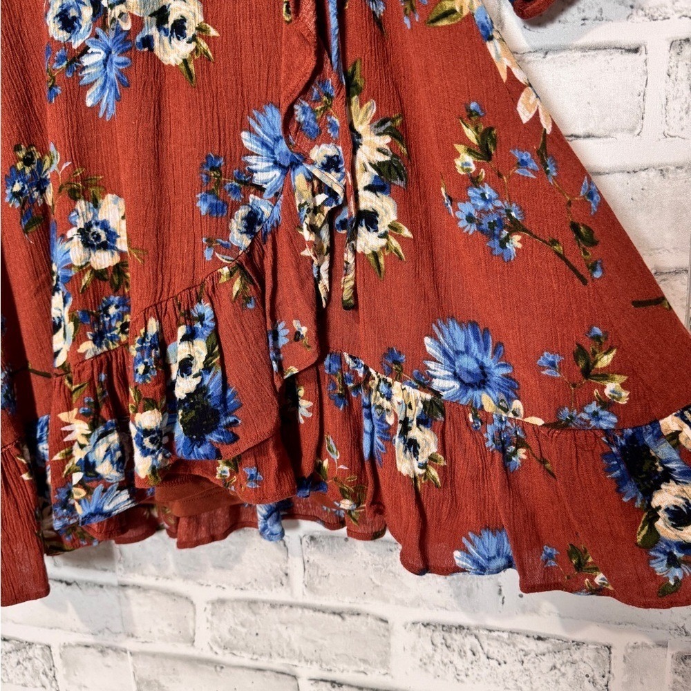 Altar'd State Rust Floral Wrap Mini Dress 3/4 Sleeve Ruffle Hem Small - Picture 5 of 12